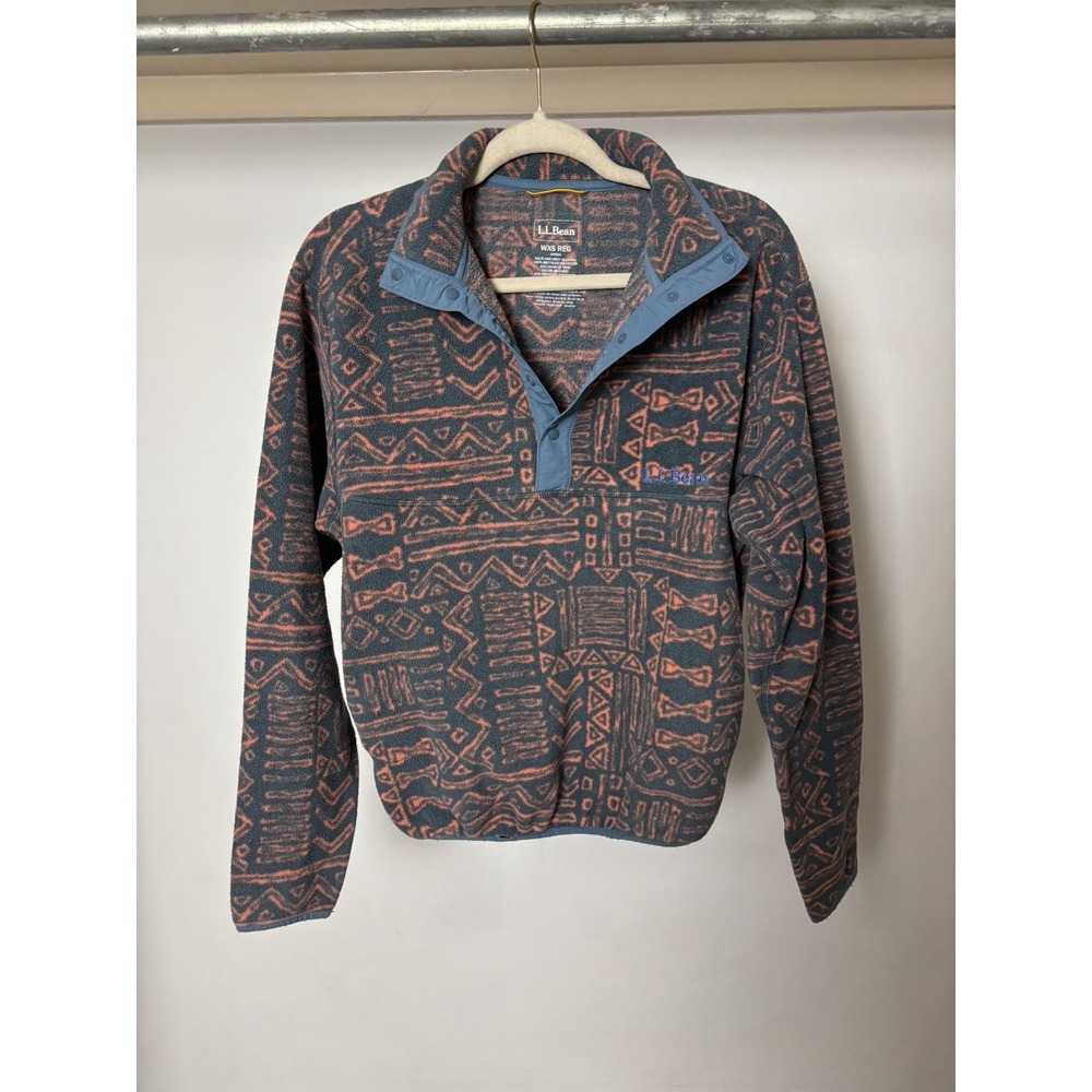 L.L. Bean Fleece Snap Pullover Womens XS Unisex Aztec Geometric Print Grey Peach